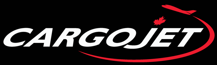 Cargojet logo with red swoosh and Canadian flag on a black background