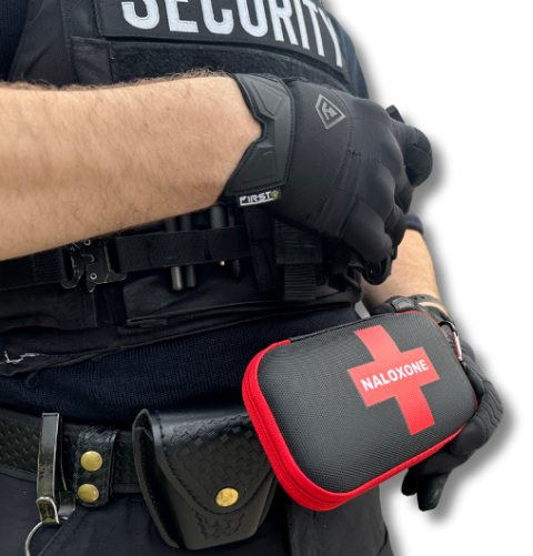 Blackbird security guard with Naloxone Kit on waist belt