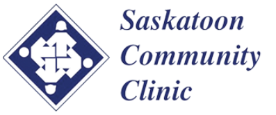 Logo of Saskatoon Community Clinic with a blue and white design.