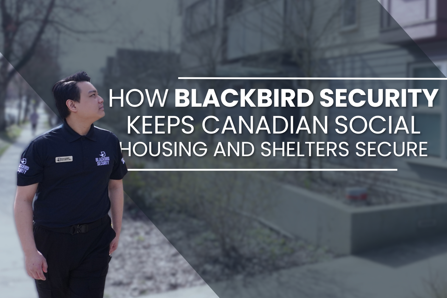 Uniformed Blackbird security guard patrolling outside building