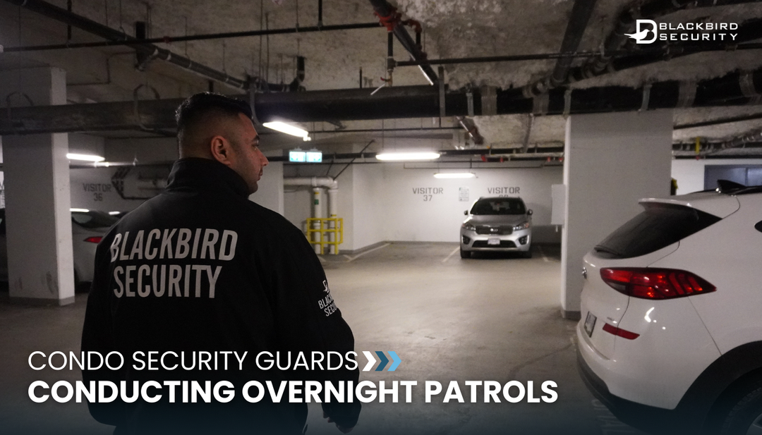 Blackbird Security condominium security guard patrolling a parkade.