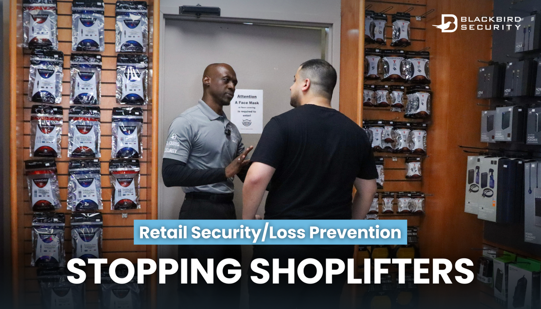 A loss prevention operative (LPO) stops a shoplifter inside a store.