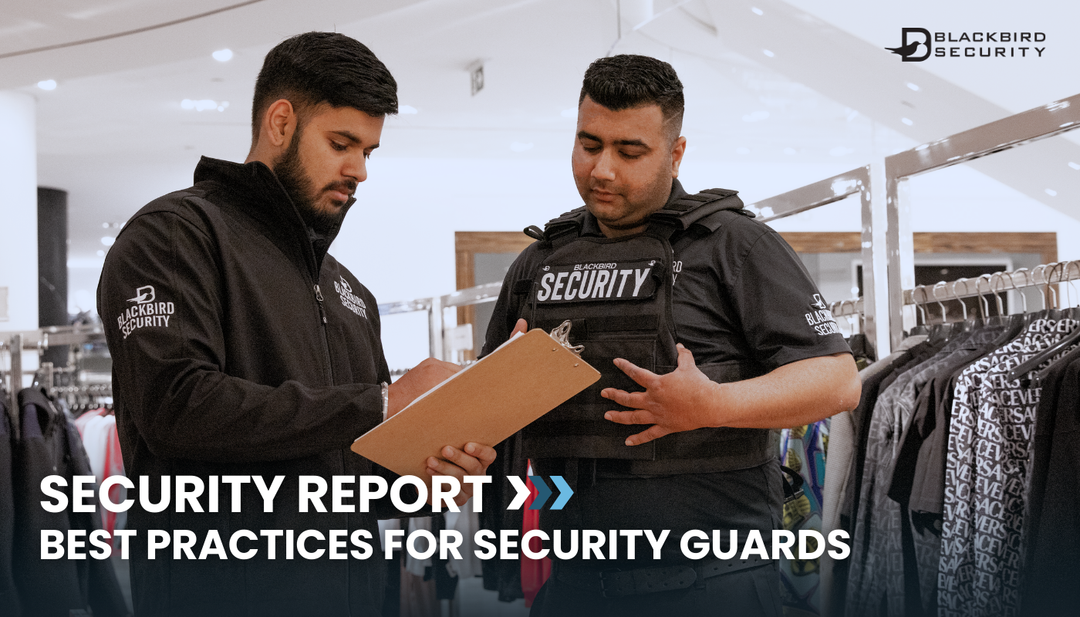 Uniformed Blackbird security guard holding a clipboard speaking to another guard