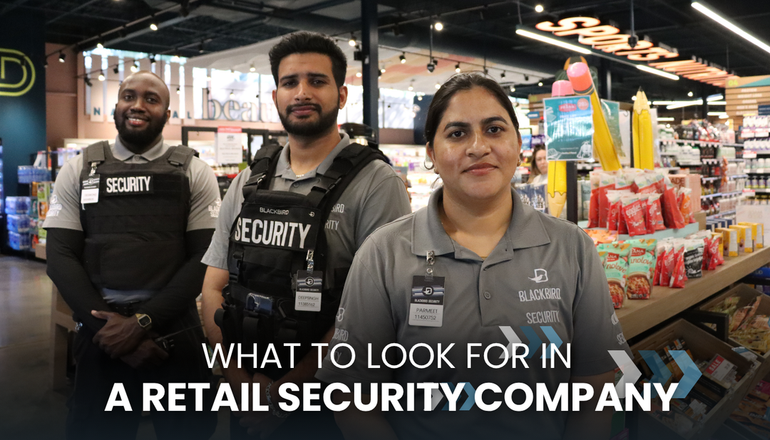 Three security guards in a grocery store.