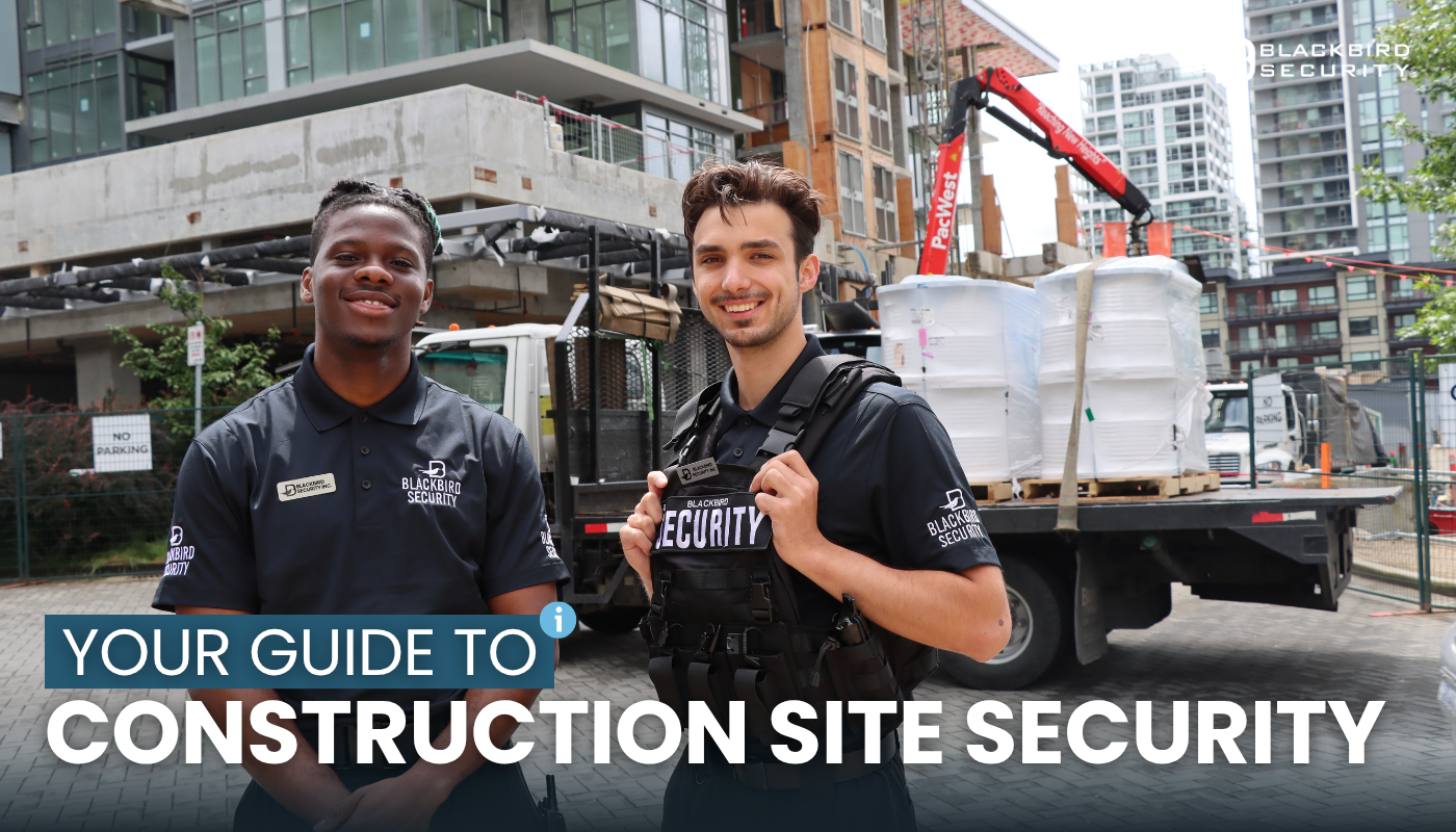 A photo of two Blackbird Security guards in front of a construction area with a text overlay reading "Your guide to construction site security"