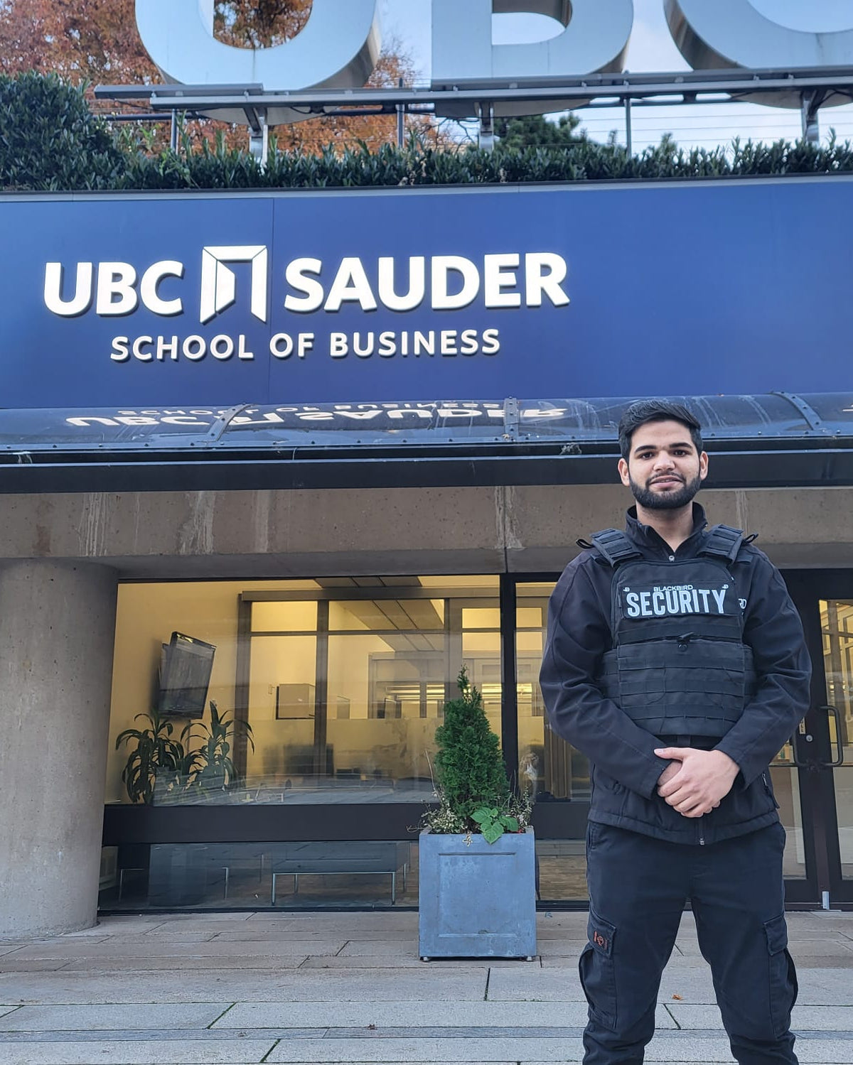 Blackbird Security Tactical Guard standing guard at UBC Robson in Vancouver, BC.